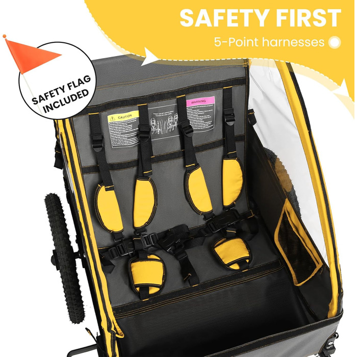 Причеп для велосипеда Sepnine для 2 дітей, від 12 місяців, швидко кріпиться, складаний, з 5-точковим ременем та кишеньками для зберігання, BT609-Жовтий