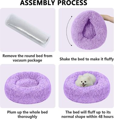 Кругле ліжко-пончик для собак та котів, середнє, з ковдрою, лілакове. Легко миється, м'яке, плюшеве, 61 см (діаметр), ковдра 71x23 см