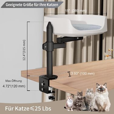 Регульоване котяче ліжко для столу, 360° обертання, 2 регульовані підлокітники, подушка для домашніх тварин