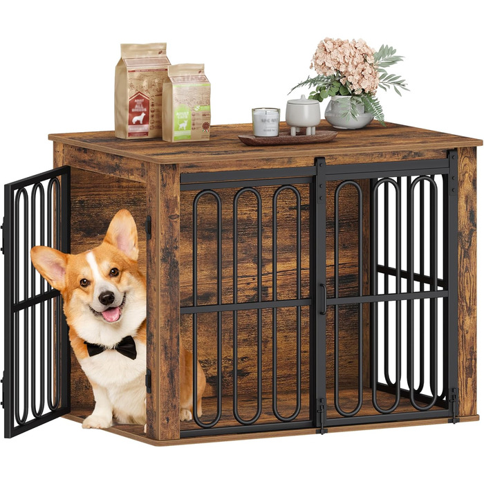 Дерев'яний вольєр для собак, 81 см, вольєр-стілець для дому, 2 двері, ковзні дверцята, для маленьких та середніх собак, міцний, 81 × 55 × 62,4 см, білий (коричневий)