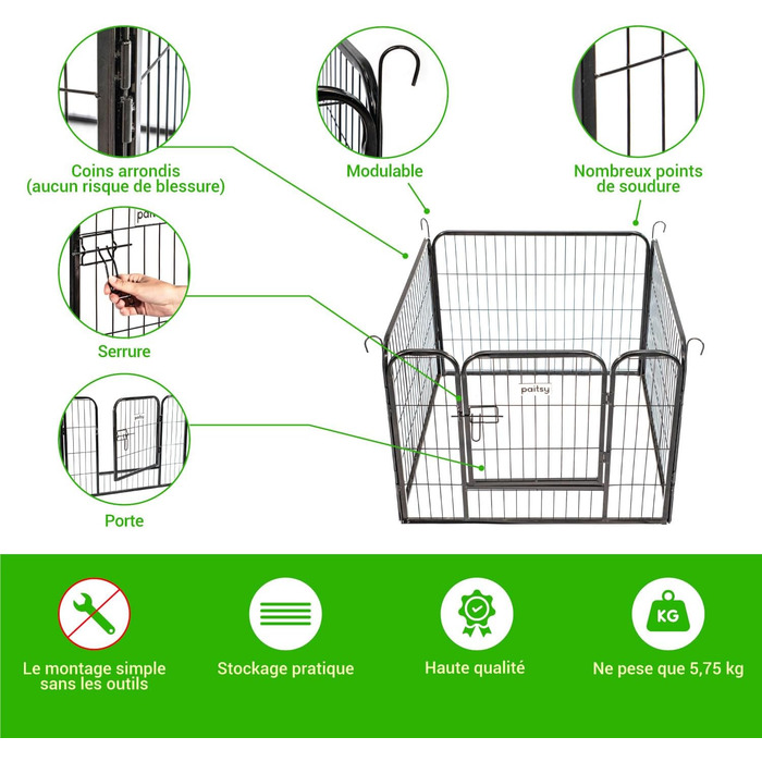 Клітка-вольєр для собак, цуценят та кроликів Paitsy, 80x60 см, 0.64 м², модульна, для внутрішнього та зовнішнього використання, складана, 5 років гарантії