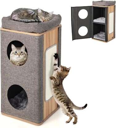 Котячий будиночок GYMAX з 3 печерами, 4-ярусний, з плюшевими подушками та дряпальними дошками, сірий, 38 x 38 x 77,5 см