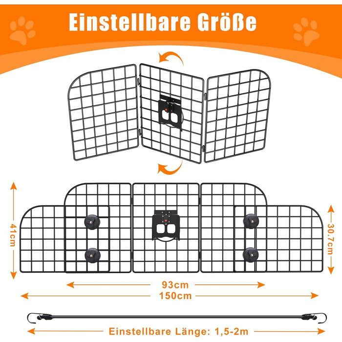 Сітка для собак у машину Denmay, універсальна, 30.7 x 93-150см, регульована ширина, з дверцею, 2 ремені безпеки, чорна
