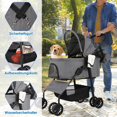 Візок для собак Mamizо 3-в-1, до 30 кг, з сумкою, поворотні колеса, для собак та котів, сірий