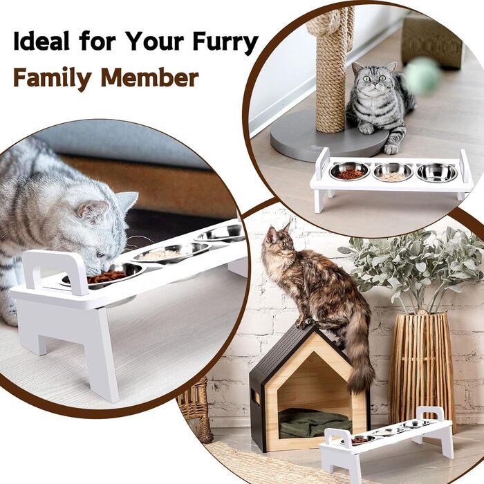 Підвищений миска для котячого корму, 3 миски з нержавіючої сталі, піднята годівниця для котів, миска для корму та води для котів з нахилом 15°, анти-блювотний набір, для котів, що живуть у приміщенні (білий/розкішний сад)