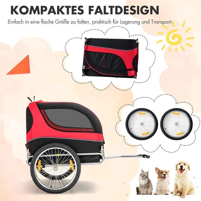 Фahrradanhänger GYMAX: Возик для собак на велосипеді, червоний, до 40 кг, 3 входи, складна конструкція