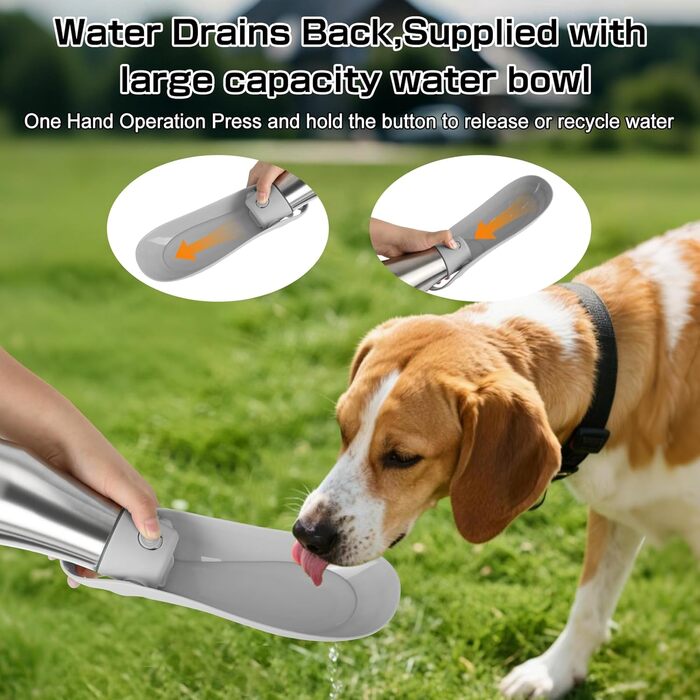 Водяна пляшка для собак на прогулянці 750 мл - не протікає, з нержавіючої сталі, з подвійними стінками, ізольована, сіра