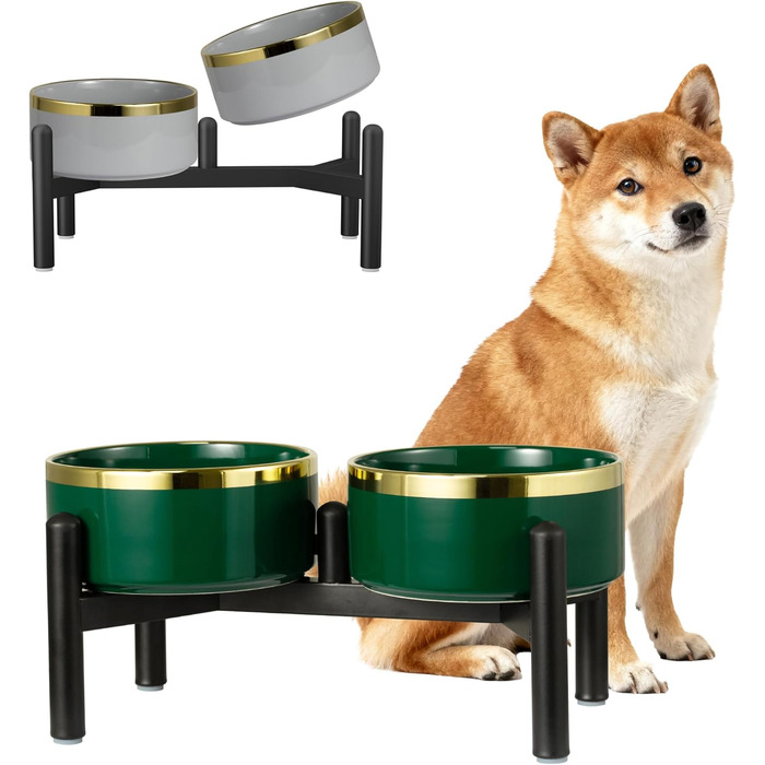 Миска для собак Keraik піднята на підставці з нержавіючої сталі - подвійна миска для корму та води для собак маленьких та середніх порід - неслизький набір мисок для собак - 350г / 660л - 15c - (M, Зелений)