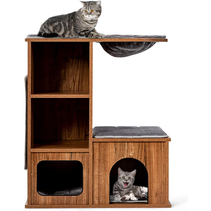 Котячий будиночок GYMAX з когтеточкою 81 см: дерев'яні меблі для котів з когтеточкою, лежаками, гамаком та 2 печерами, до 20 кг