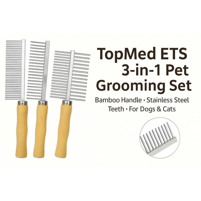 Набір для грумінгу TopMed ETS: 3 нержавіючі гребені, бамбукова ручка, для собак, котів та інших тварин