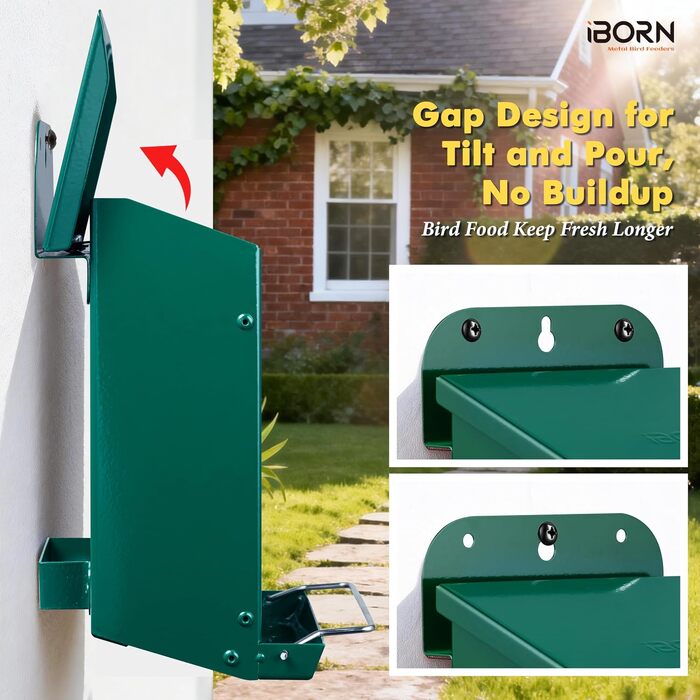Годівниця для птахів iBorn Wand — металевий вуличний будиночок для птахів з погодостійким дахом, кріплення на стіну, дерево або паркан, зелена, 600 г