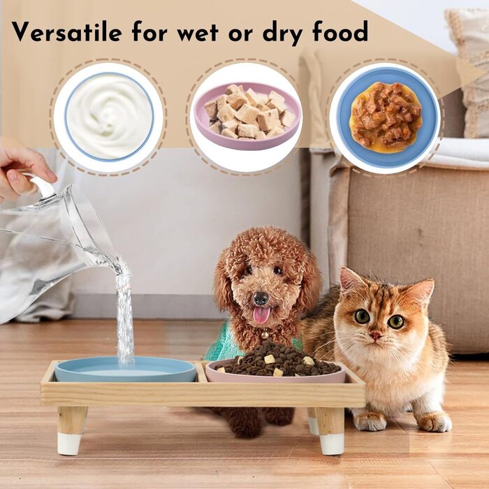 Підвищена годівниця для котів JAZUIHA з 2 широкими мисками, станція для годування з дерев'яною підставкою та силіконовою мискою, діаметр 18 см