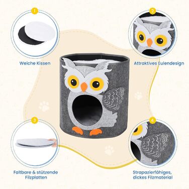 Кігтеточка-будиночок для котів Dripex з 2 поверхів, з фетру, з подушкою, 30 x 35 x 35 см (Сова)