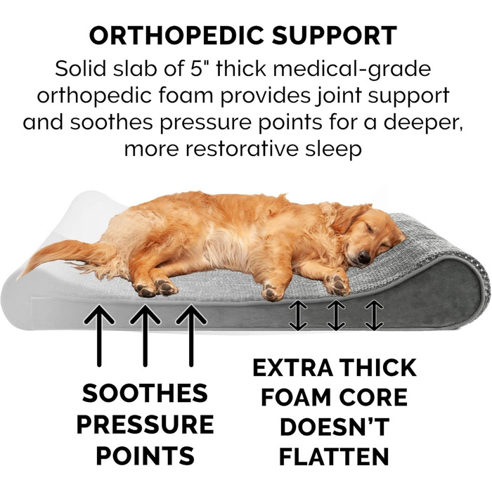 Ортопедичне ліжко для собак Furhaven, великі породи, до 34 кг, знімний водонепроникний чохол, Minky Plüsch & Samt, сірий колір, розмір Jumbo/XL (114 x 76 x 15 см)