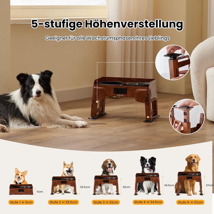 Підвищена годівниця для собак Gardner, 2-в-1: миска для води без розливання та миска для повільного годування з регульованою висотою, 5 рівнів, протиковзна годівниця для середніх та великих собак