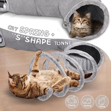 Котячий тунель для домашніх котів 150x25 см, складаний, з іграшкою, 2 отвори, сірий