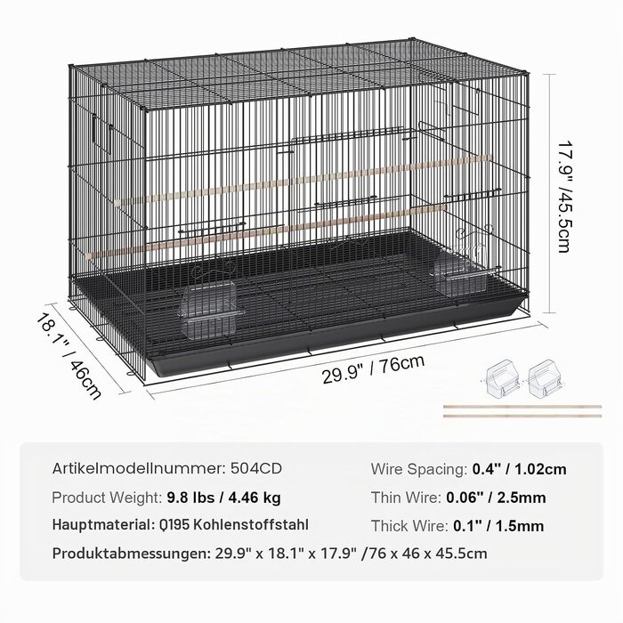 Клітка для птахів VEVOR Vogelvoliere 76x46x45 см, сталь Q195, для 2-3 середніх/великих птахів, з дверцятами безпеки
