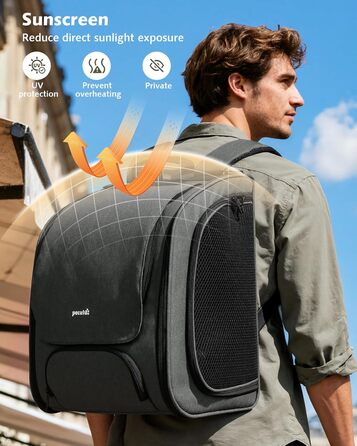 Pecute Рюкзак-переноска для кота з віконцем-сіткою, дихаючий та легкий рюкзак для тварин, великий (32 x 26 x 42 см, сірий, розширюваний)