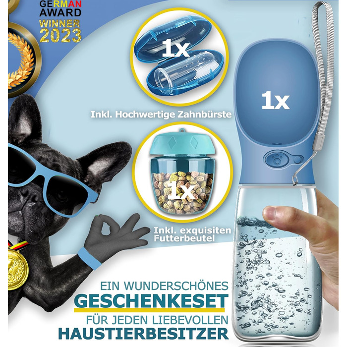 Набір з 2 шт. для собак: велика складана пляшка для води 550 мл + щітка для зубів | Без витоку | Преміум якість