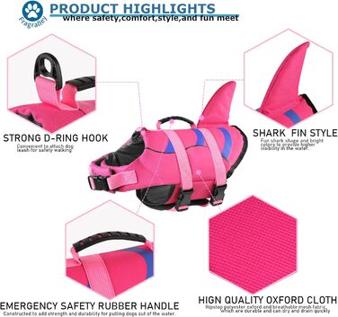 Жилет для плавання для собак Fragralley з принтом акули, рожевий, для малих, середніх та великих собак.