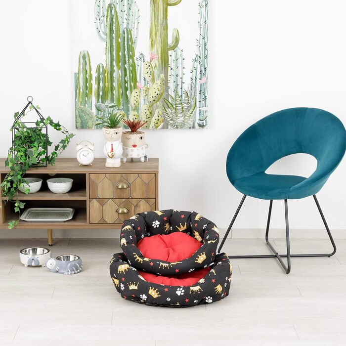 Baroni: М'яке кругле ліжко для собак та котів, 45x55 см, червоно-чорне з коронами, для дому, миття