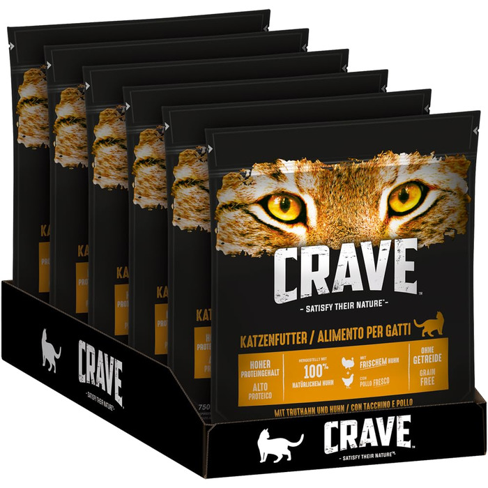 Сухий корм для дорослих котів Crave з індиком та куркою, беззерновий, преміум-клас, 6х750 г