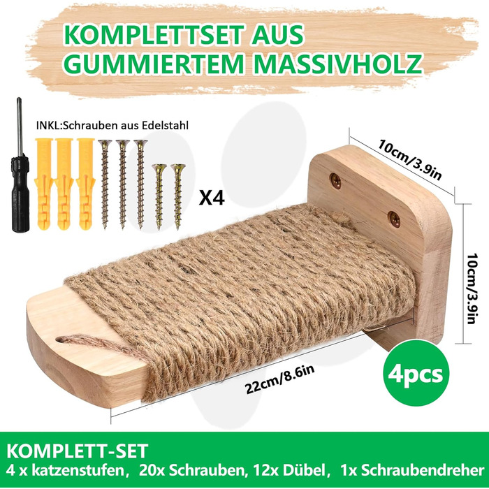 Сходинка для котів SIYUNTECH® на стіну (4 шт.), ігровий комплекс для котів, з дерев'яною платформою, з масивного гумового дерева 2 см, для лазіння та ігор, максимальне навантаження 35 кг, жовтий, 4 шт.