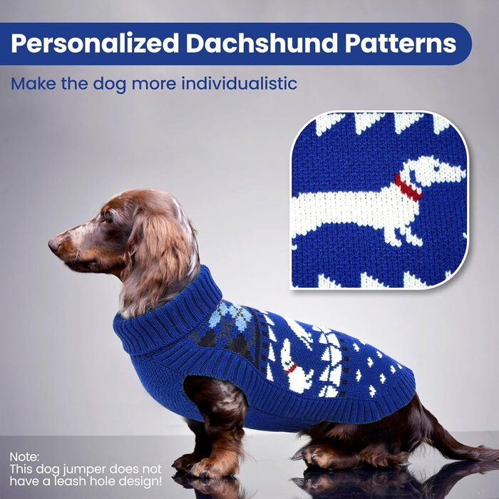 Пуловер для собак Лелепет для такс, в'язаний пуловер з візерунком такси, теплий пуловер для великих собак з високим коміром, зимовий пуловер, зелений (XL, синій)
