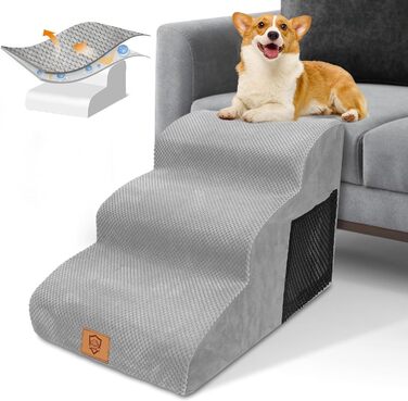 Сходинки для собак 3 ступені, антиковзні, 40 см, сірі. Підходять для маленьких собак та котів. Зручні для доступу на диван/ліжко. Легко миються.