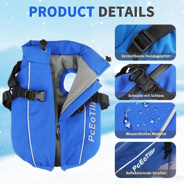 Водонепроникний собачий плащ PcEoTllar для маленьких собак, тепла куртка з шлейкою для зими, костюм для катання на лижах, бавовна, блакитний собачий пуловер L