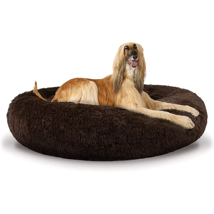 М'яке кругле ліжко для собак, плюшеве, кошик для домашніх тварин, доннат, ліжко-печера для собак, м'яке пухнасте ліжко-софа для середніх та великих собак, коричневе, діаметр 60 см, 60x60x20 см, коричневе
