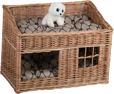 Двоярусна котяча хатинка з плетіння з лози, котячий кошик, хатинка для котів з подушкою та вікном (бежевий, натуральний)