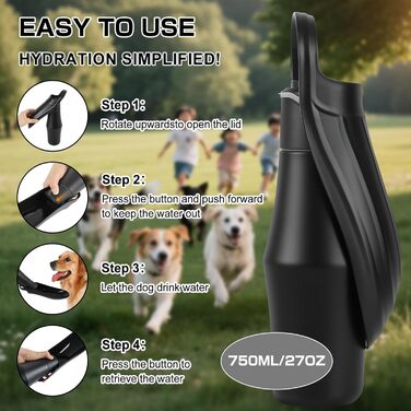 Водяна пляшка для собак на прогулянці - 750 мл, з нержавіючої сталі, подвійні стінки, вакуумна ізоляція, чорна, без витоку