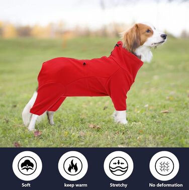 Теплий флісовий халат для собак, цільнотілий, з чотирма лапами, з регульованим капюшоном та блискавкою, зимовий одяг, ідеально підходить для собак у приміщенні та на вулиці, для малих, середніх та великих собак, червоний