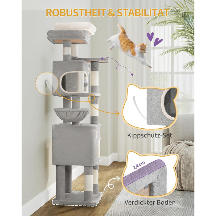 Кігтеточка для котів Hzuaneri, 159 см, з 8 стовпчиками, 3 платформами, 2 ховалами, корзиною, плюшевими кульками, мотузкою з сизалю, підходить для котів різних розмірів, MS15918LG (XL, світло-сірий)