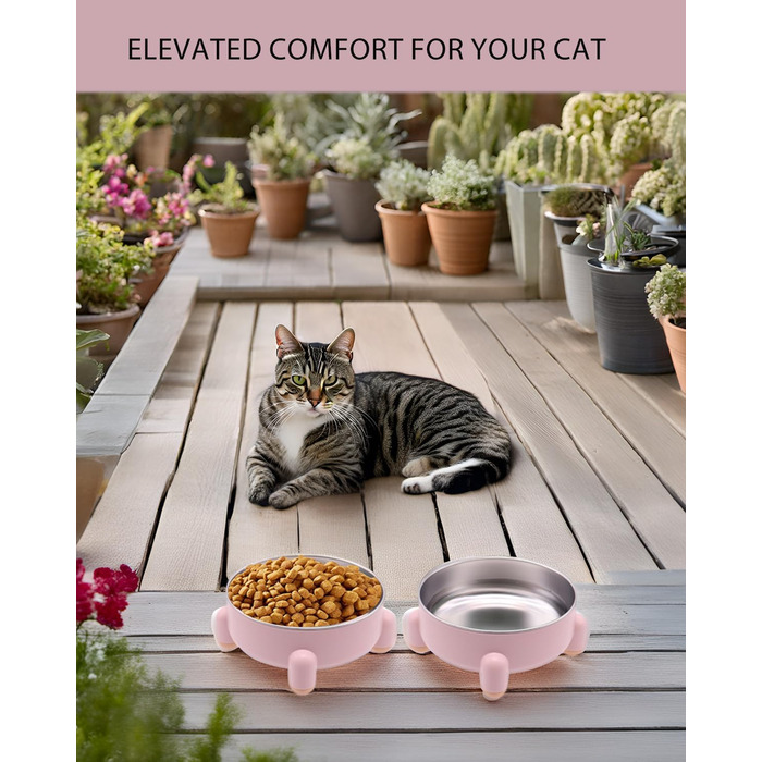 Миски для котів та собак з нержавіючої сталі, антиковзні, підняті, набір 2 шт (білі та рожеві)