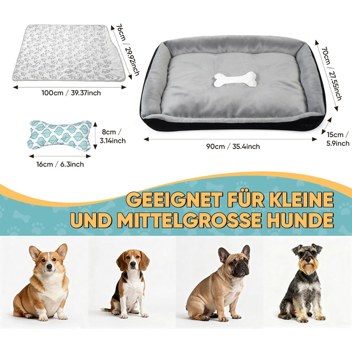 Ліжко для собак 90x70 см з подушкою у вигляді кістки та легкою ковдрою, м'яке диванчик для собак середніх порід з короткого хутра, миється, кошик для собак з неслизьким дном