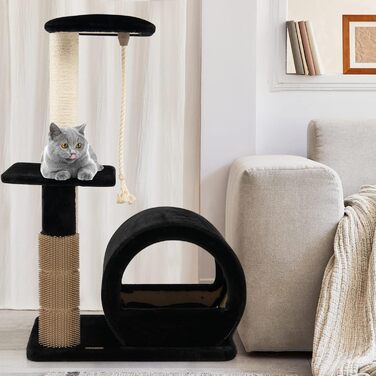Дряпка для котів COSTWAY 92 см з будиночком, дряпальною дошкою, щіткою, м'ячиком та плюшевим сидінням. Кліматичний комплекс для котів, чорний