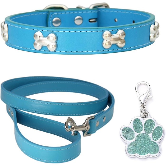 Нашийник для собак з натуральної шкіри HALFSUO, поводок Cobo, набір для малих та середніх собак та котів (L, блакитний)