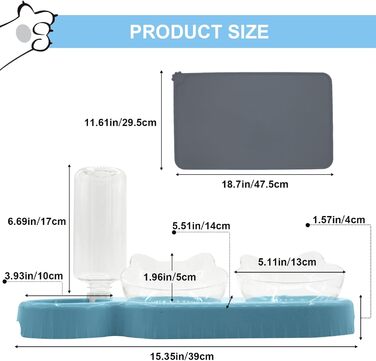 Набір мисок для котів та собак 2-в-1 з диспенсером води, антиковзаючою підкладкою та лопаткою (блакитний)