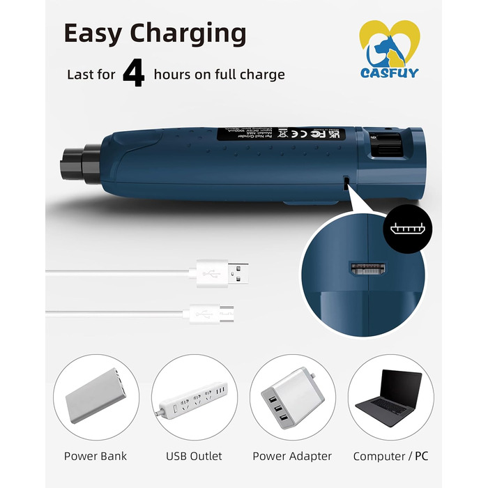 Електричний точилка для кігтів собак та котів Casfuy - 6 режимів, 45 dB, з LED-підсвічуванням, для великих, середніх та маленьких тварин, з захистом від пилу, блакитний