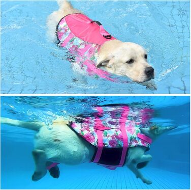 Світловідбиваюча жилет для плавання собак Hawaiian Sports Style, жилет для собак з ручкою для рятування, регульований жилет для цуценят, середнього, великого розміру, квіти + рожевий