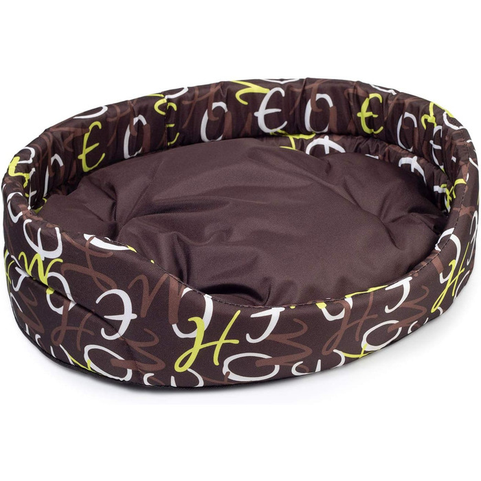 Крісло-ліжко для собак середніх порід | Овальне м'яке ліжко для собак | Зносостійке ліжко з подушкою | Кошик для собак | Можливість прання | Поліестер | Розмір L (57x52 см) | Колір: Коричневий з візерунком