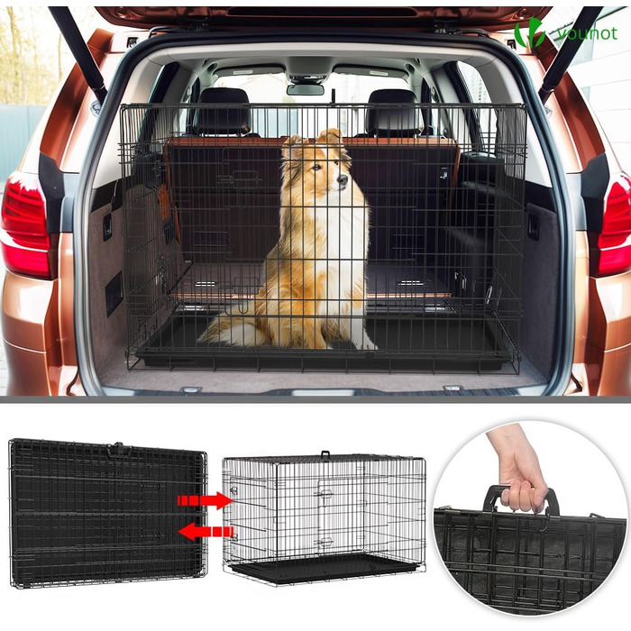 Складаний клітка для собак VOUNOT XXL 122x75x81 см, з подвійними дверима, ручками для перенесення та піддоном, чорна, для транспортування в авто