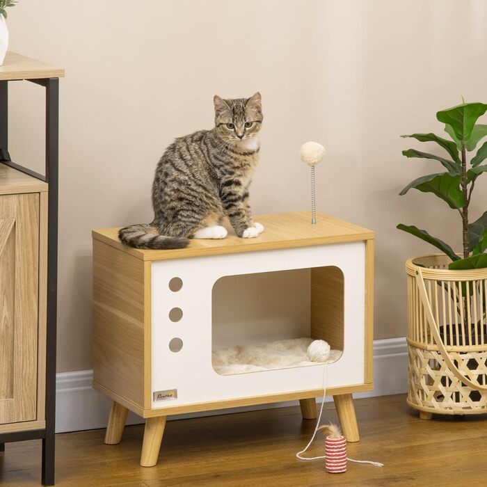 Будиночок для котів PawHut у стилі ТВ з іграшкою, котяче ліжко з подушкою, кошик для кота, дерево, бежево-білий, 50x28x43 см