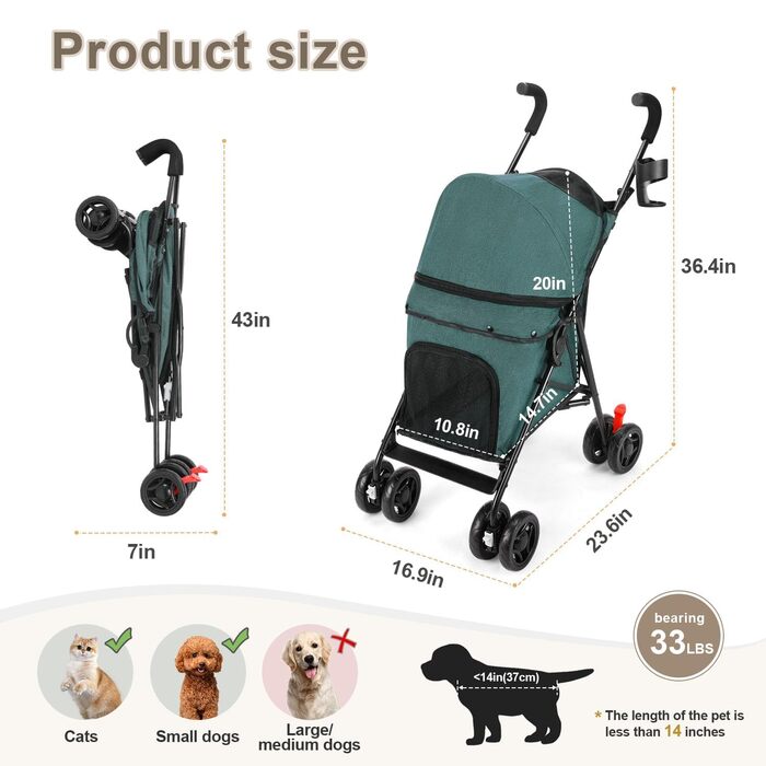Візок для тварин Wedyvko, легкий туристичний візок для собак та котів до 15 кг, темно-зелений