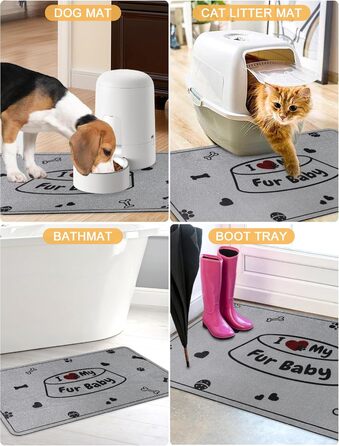 Килимок під миску для собак та котів, сірий, 30x50 см, з принтом 'I love my fur Baby'