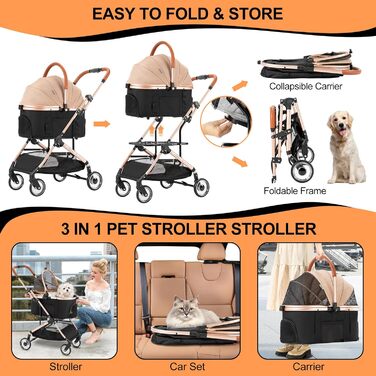 3 в 1 Візок для собак з знімним автокріслом, будки та переноски, складаний. Візок для домашніх тварин, дитячий візочок (Хакі, 20 кг)