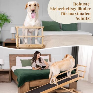 Сходинки для собак до ліжка з поручнями - для великих собак до 90 кг - регульована висота до 94.5 см - ширина 49.5 см - складаються - антиковзні ручки - з натурального березового дерева - колір натуральний