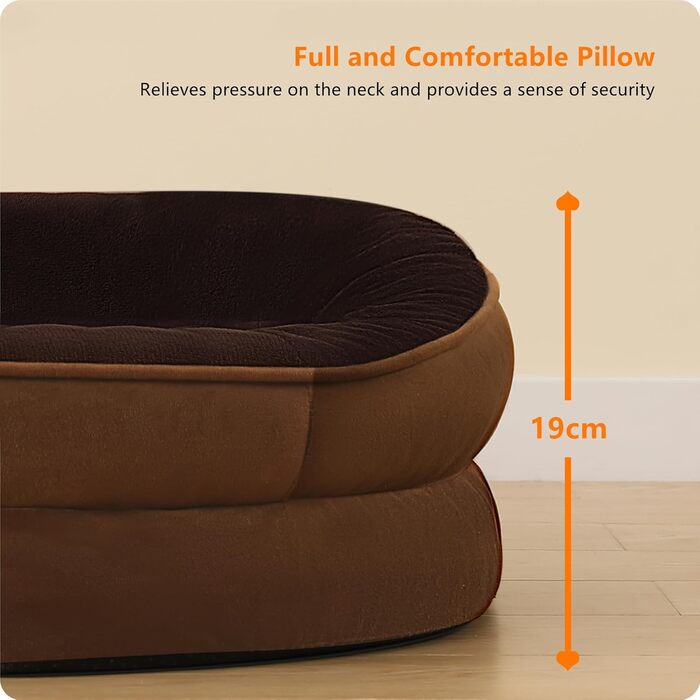 Ортопедичне ліжко для собак, ліжко-софа для великих собак, з підковоподібним валиком для шиї, неслизьке дно, знімний та пральний кошик, 122 x 90 x 19 см, Колір: Коричневий